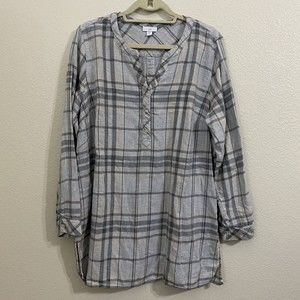 J.Jill Womens Blouse Tunic Top Size Large Plaid Gray L1